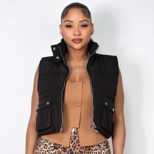 Women's Zip-Up Puffed Pocketed Crop Vest - Black